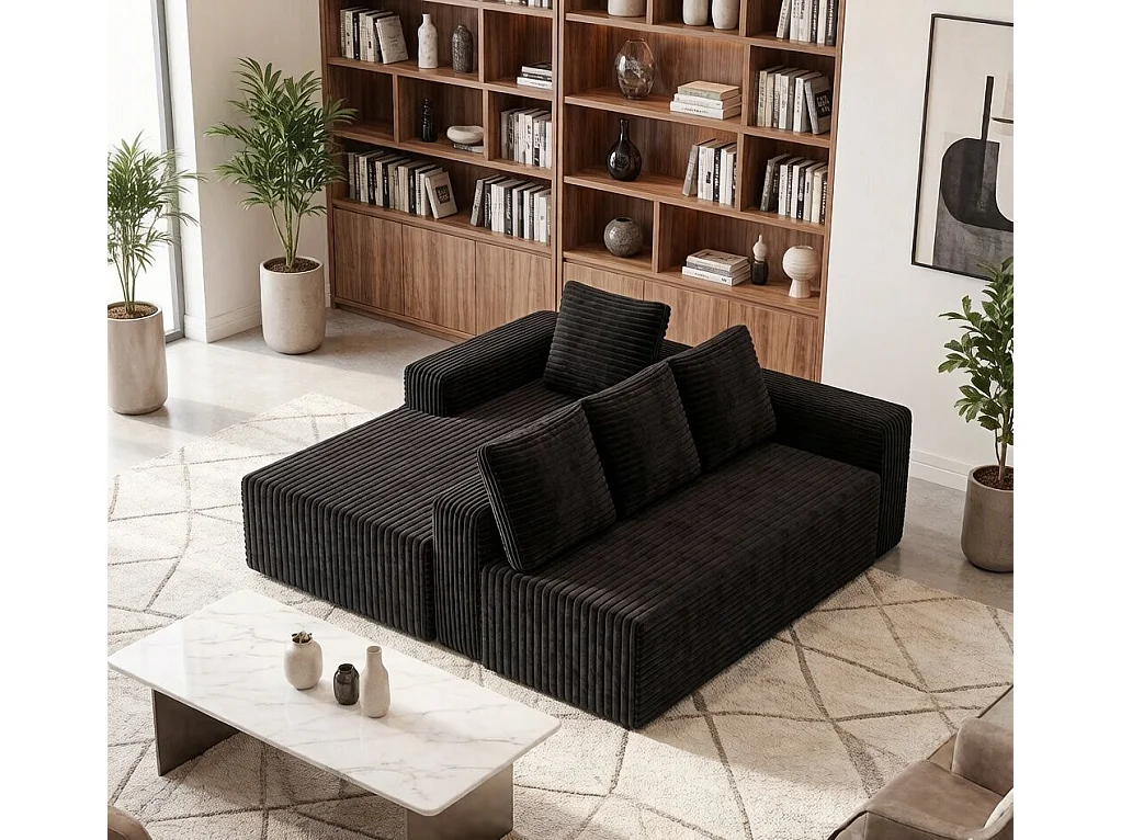 Canapé d'angle gauche modulable - en Velours côtelé Noir - 4 Places - avec 4 Coussins et 150cm méridienne - 261x171x58cm