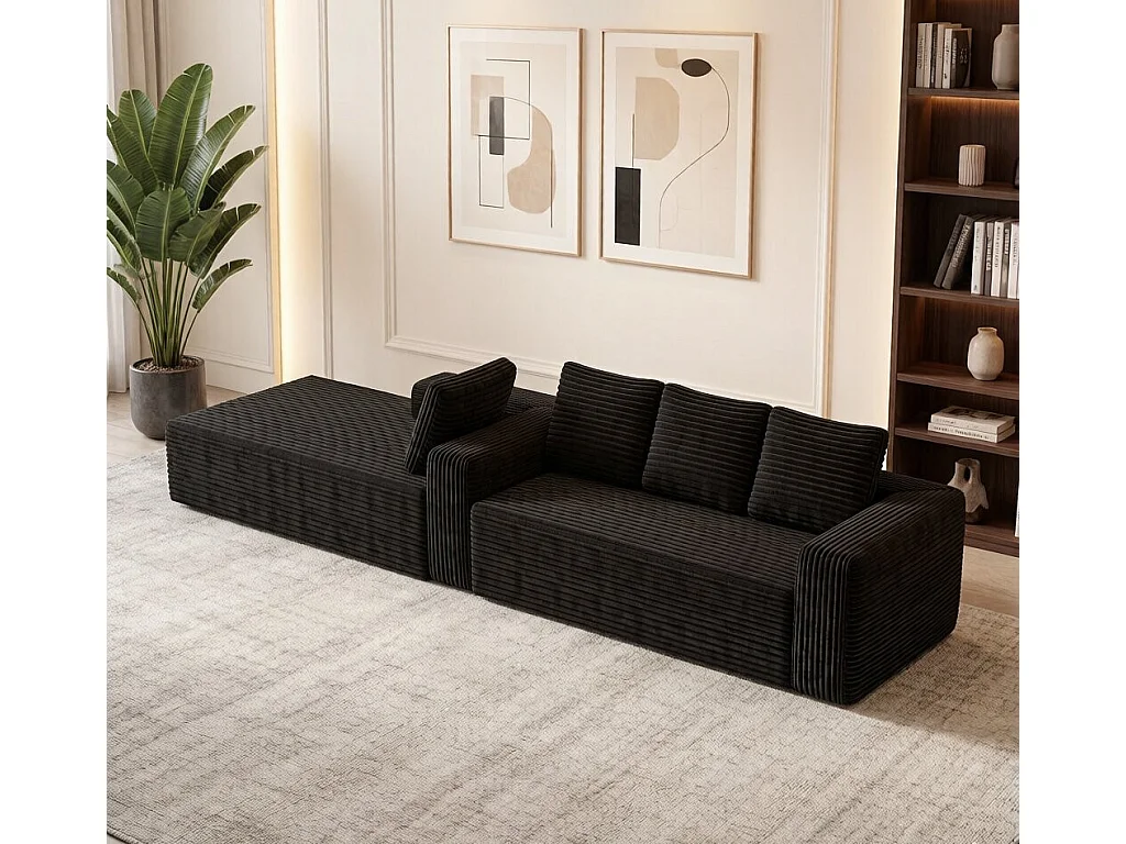 Canapé d'angle gauche modulable - en Velours côtelé Noir - 4 Places - avec 4 Coussins et 150cm méridienne - 261x171x58cm