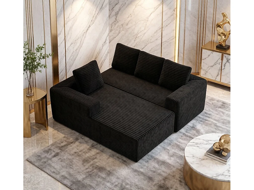 Canapé d'angle gauche modulable - en Velours côtelé Noir - 4 Places - avec 4 Coussins et 150cm méridienne - 261x171x58cm