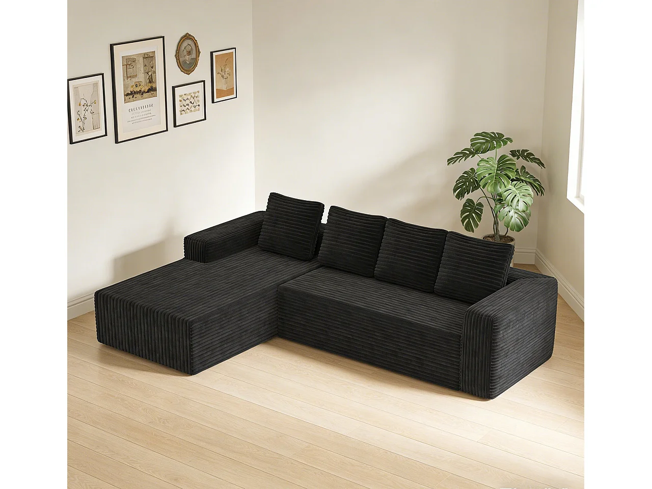 Canapé d'angle gauche modulable - en Velours côtelé Noir - 4 Places - avec 4 Coussins et 150cm méridienne - 261x171x58cm