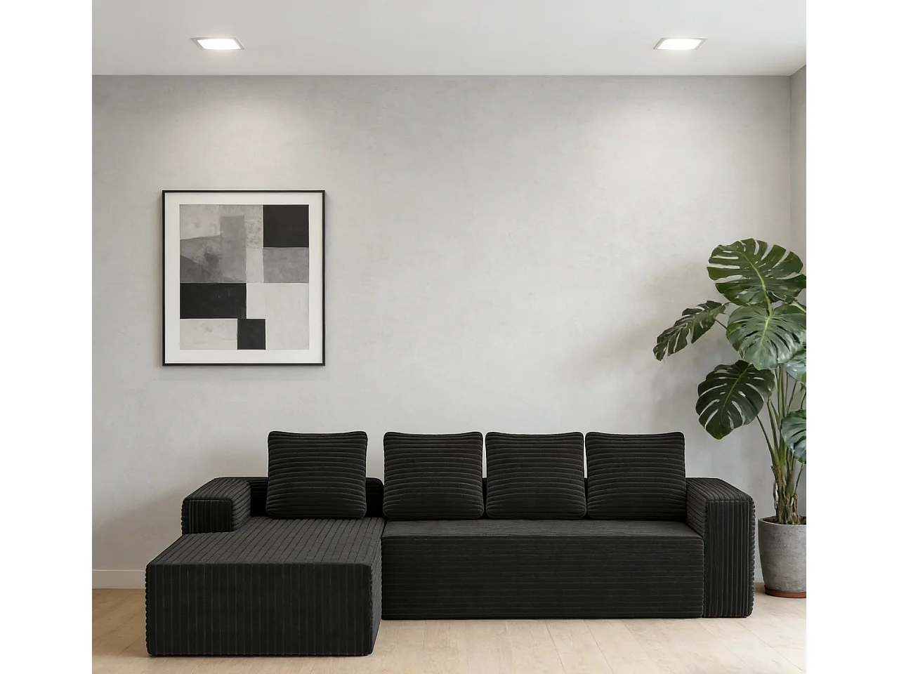 Canapé d'angle gauche modulable - en Velours côtelé Noir - 4 Places - avec 4 Coussins et 150cm méridienne - 261x171x58cm