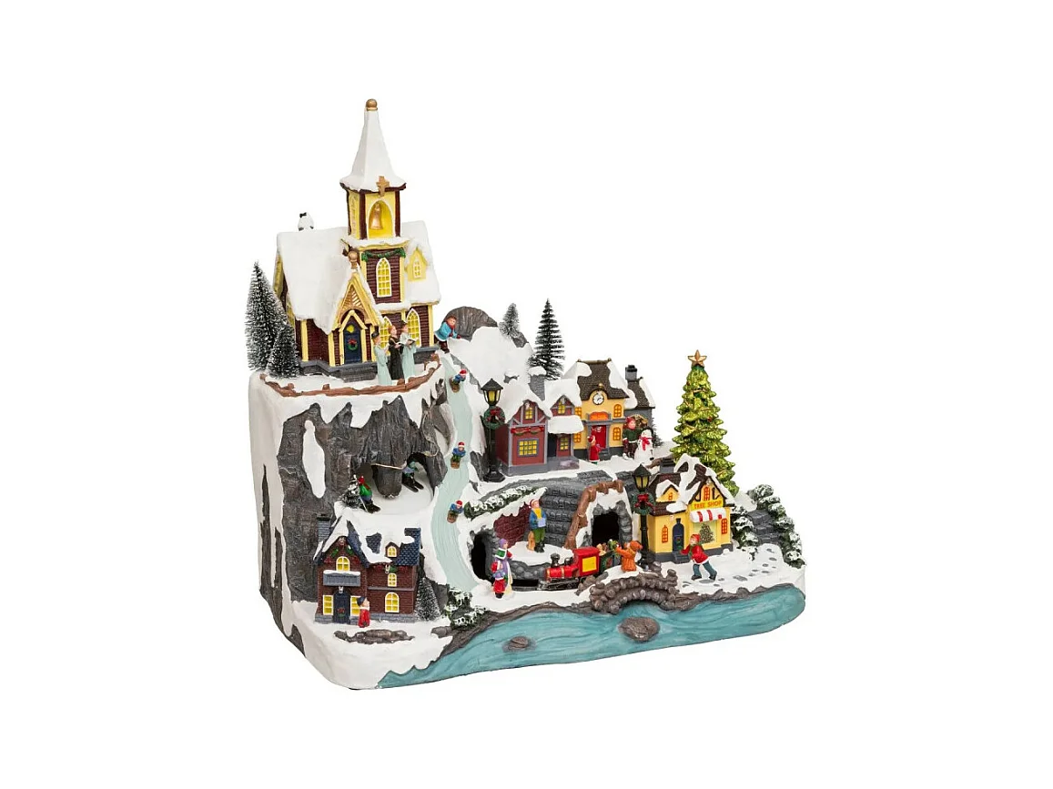 Village Noël lumineux église et train 34 LED animé