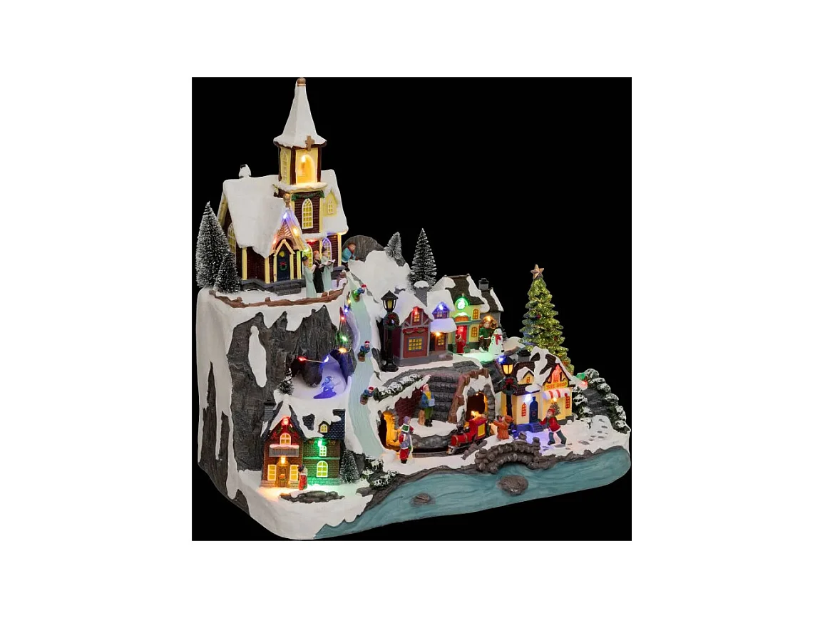 Village Noël lumineux église et train 34 LED animé