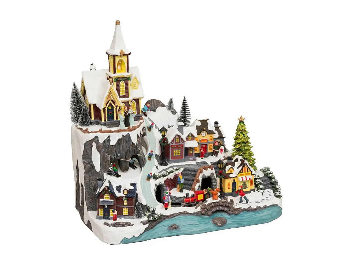 Village Noël lumineux église et train 34 LED animé