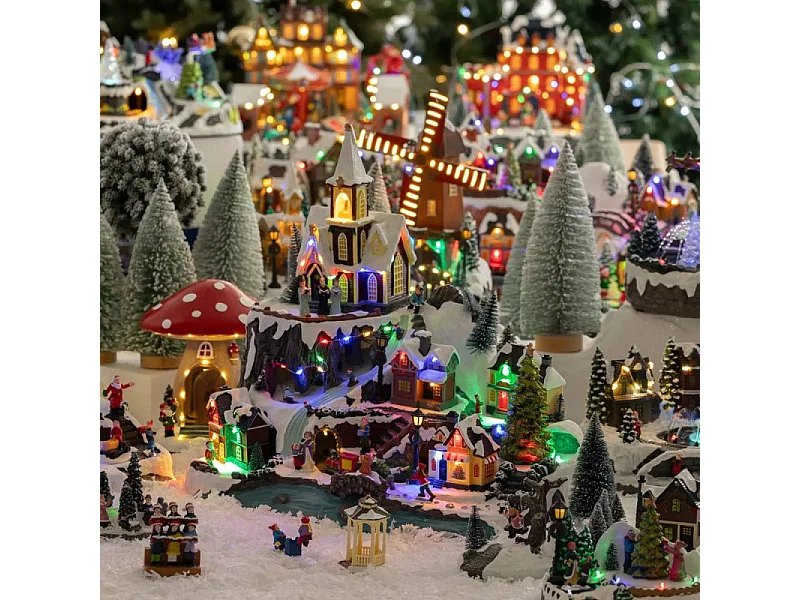Village Noël lumineux église et train 34 LED animé