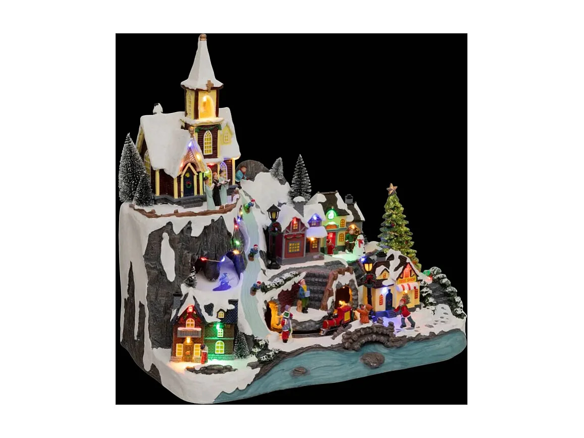 Village Noël lumineux église et train 34 LED animé