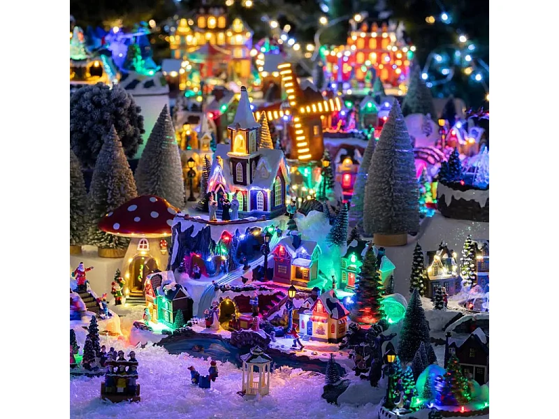 Village Noël lumineux église et train 34 LED animé