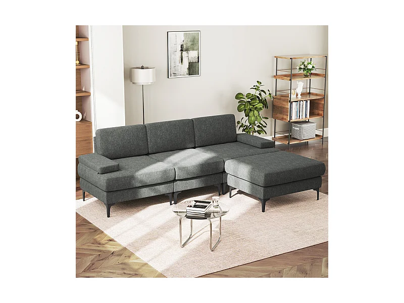 Canapé 3 places d'angle en chenille - avec pouf - charge max 650kg - 244x146x83cm - Gris