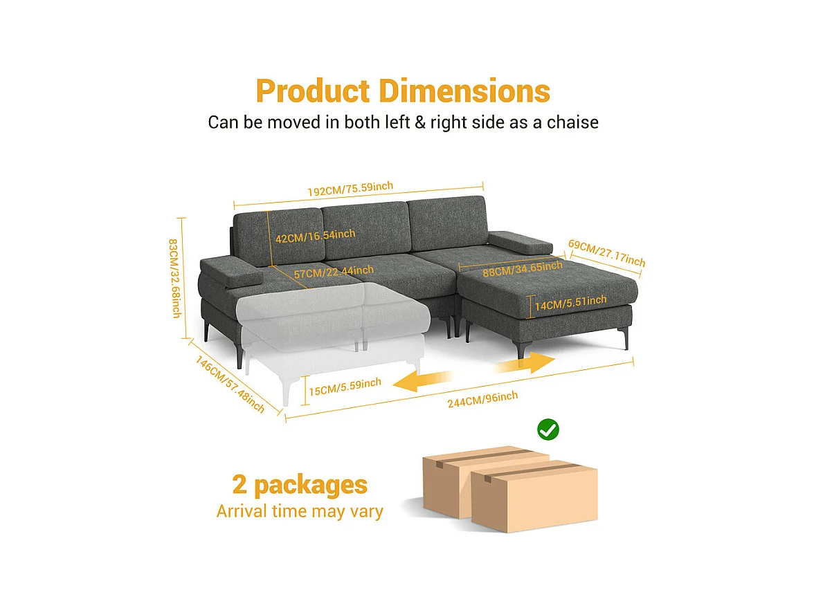 Canapé 3 places d'angle en chenille - avec pouf - charge max 650kg - 244x146x83cm - Gris