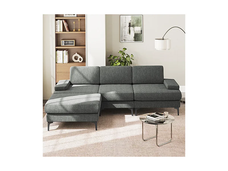 Hoekbank 3-zits in Chenille - met Pouf - Max. Belasting 650kg - 244x146x83cm - Grijs
