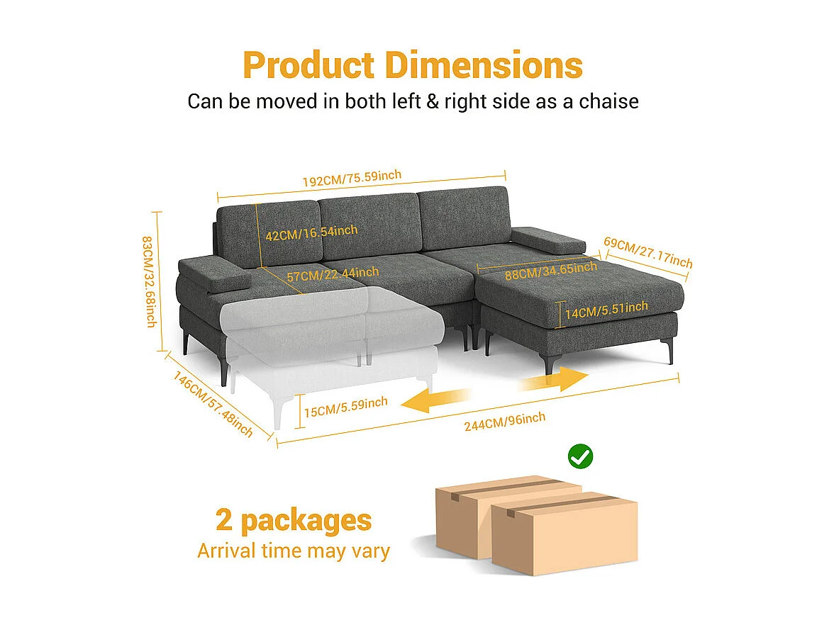 Eckcouch 3-sitzer in Chenille - mit Hocker - Max. Belastung 650kg - 244x146x83cm - Grau