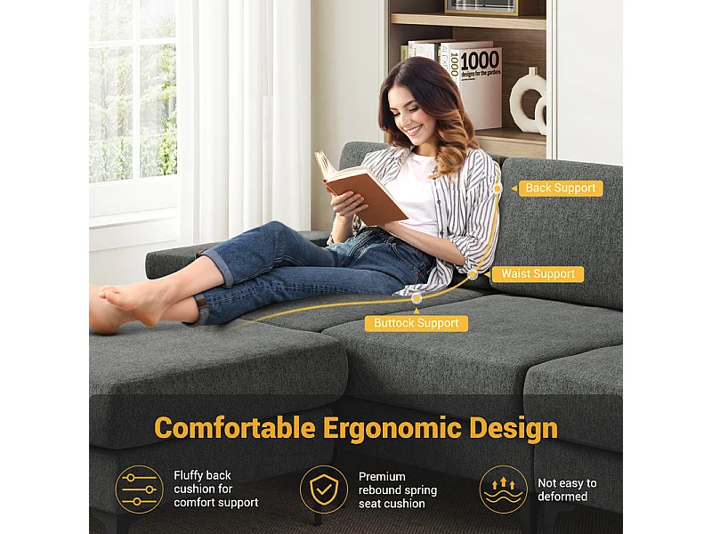 Eckcouch 3-sitzer in Chenille - mit Hocker - Max. Belastung 650kg - 244x146x83cm - Grau
