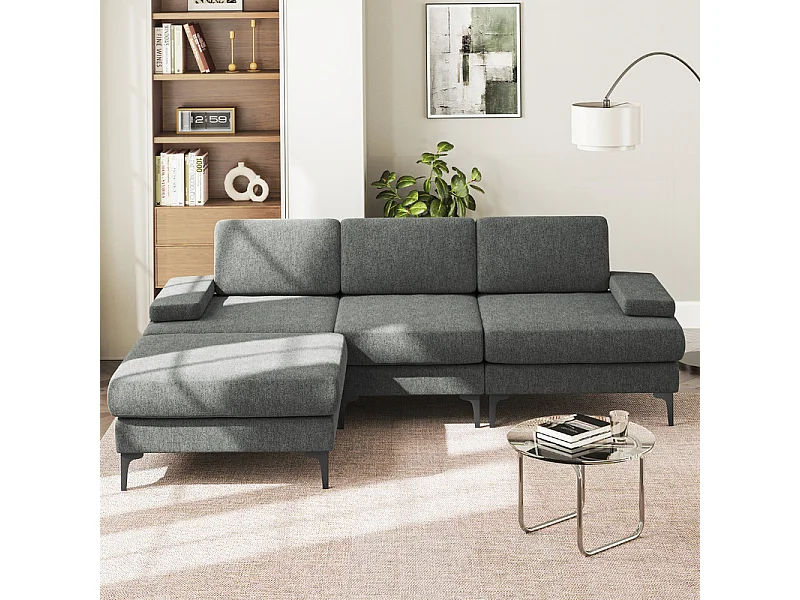 Eckcouch 3-sitzer in Chenille - mit Hocker - Max. Belastung 650kg - 244x146x83cm - Grau