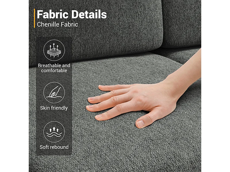 Canapé 3 places d'angle en chenille - avec pouf - charge max 650kg - 244x146x83cm - Gris