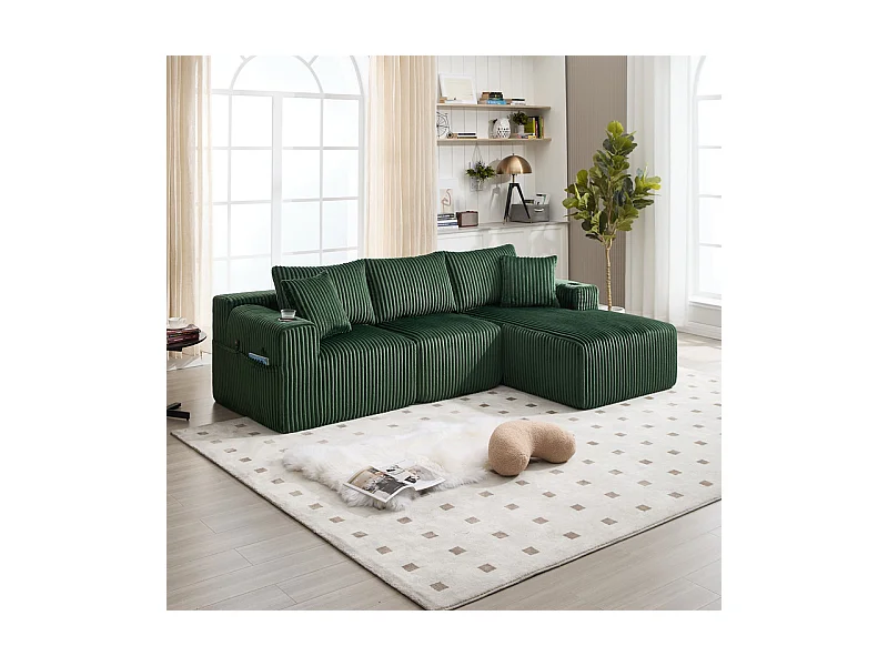 Canapé 3 places d'angle modulable, en velours côtelé, avec porte-gobelets, oreillers et poches latérales, 118cm méridienne, Vert