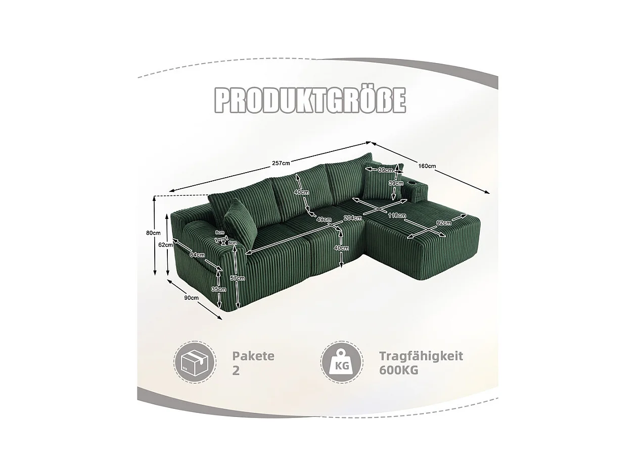 Canapé 3 places d'angle modulable, en velours côtelé, avec porte-gobelets, oreillers et poches latérales, 118cm méridienne, Vert
