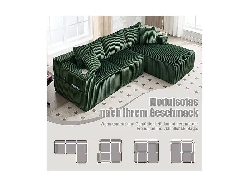 Canapé 3 places d'angle modulable, en velours côtelé, avec porte-gobelets, oreillers et poches latérales, 118cm méridienne, Vert