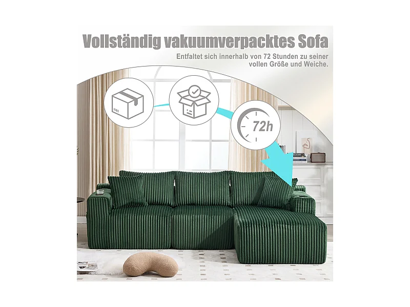 Canapé 3 places d'angle modulable, en velours côtelé, avec porte-gobelets, oreillers et poches latérales, 118cm méridienne, Vert