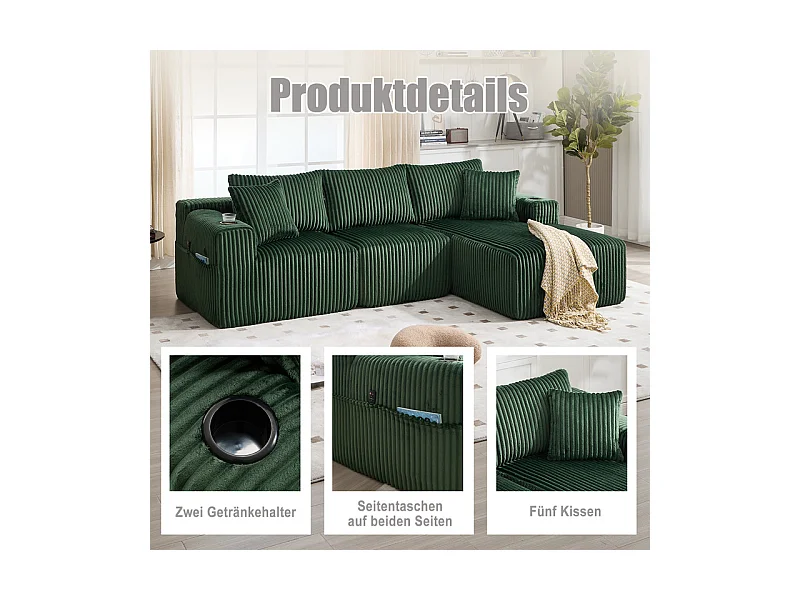 Canapé 3 places d'angle modulable, en velours côtelé, avec porte-gobelets, oreillers et poches latérales, 118cm méridienne, Vert