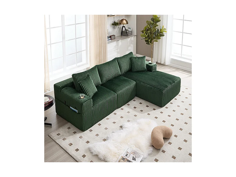 Canapé 3 places d'angle modulable, en velours côtelé, avec porte-gobelets, oreillers et poches latérales, 118cm méridienne, Vert