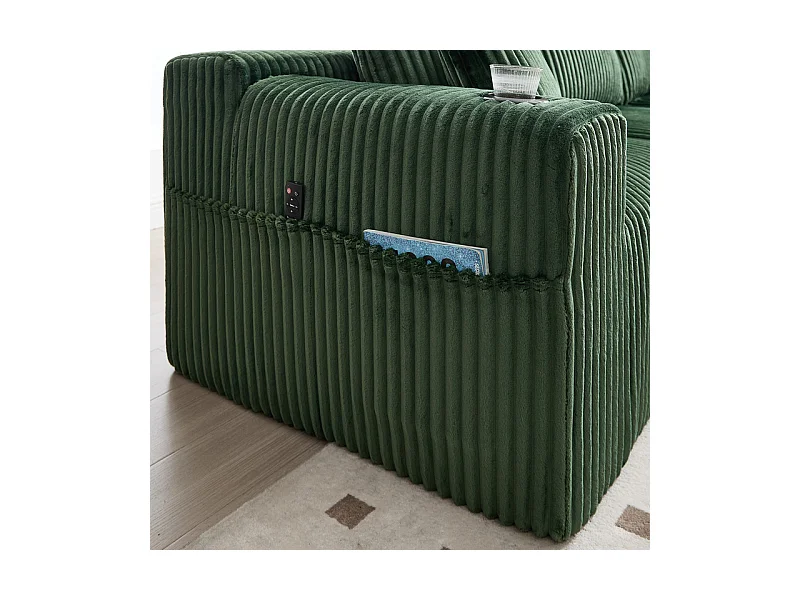 Canapé 3 places d'angle modulable, en velours côtelé, avec porte-gobelets, oreillers et poches latérales, 118cm méridienne, Vert