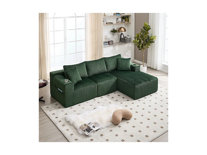 Canapé 3 places d'angle modulable, en velours côtelé, avec porte-gobelets, oreillers et poches latérales, 118cm méridienne, Vert