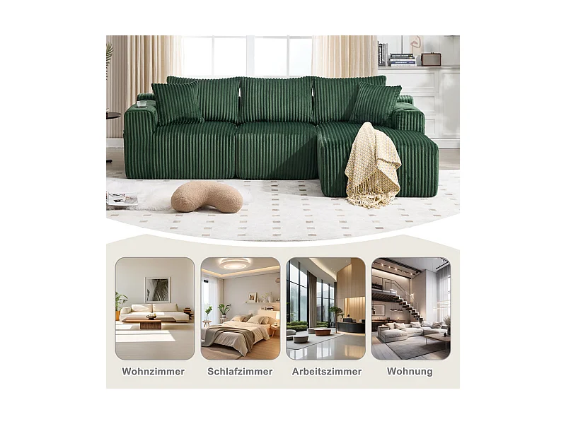 Canapé 3 places d'angle modulable, en velours côtelé, avec porte-gobelets, oreillers et poches latérales, 118cm méridienne, Vert