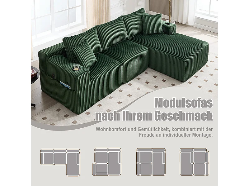 Canapé 3 places d'angle modulable, en velours côtelé, avec porte-gobelets, oreillers et poches latérales, 118cm méridienne, Vert