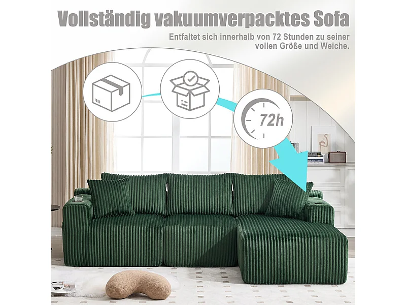 Canapé 3 places d'angle modulable, en velours côtelé, avec porte-gobelets, oreillers et poches latérales, 118cm méridienne, Vert