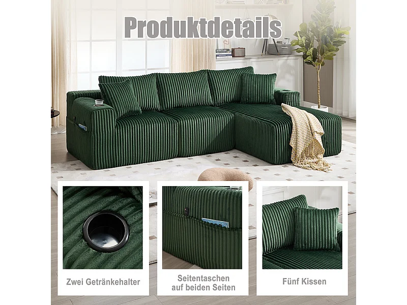 Canapé 3 places d'angle modulable, en velours côtelé, avec porte-gobelets, oreillers et poches latérales, 118cm méridienne, Vert