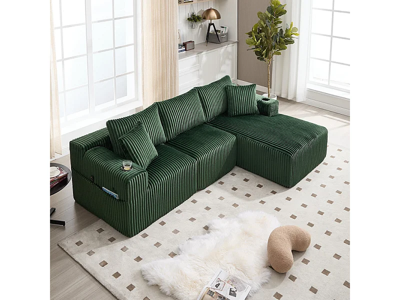 Canapé 3 places d'angle modulable, en velours côtelé, avec porte-gobelets, oreillers et poches latérales, 118cm méridienne, Vert