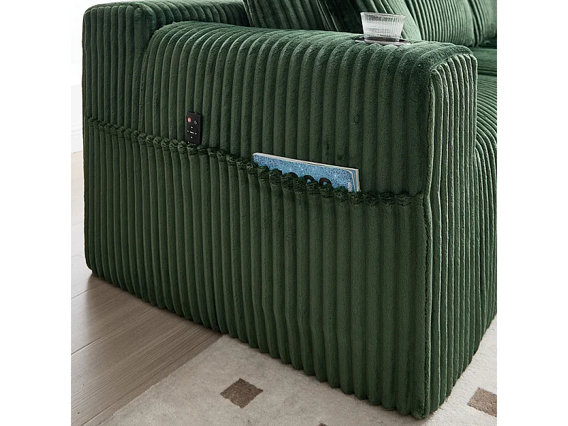 Canapé 3 places d'angle modulable, en velours côtelé, avec porte-gobelets, oreillers et poches latérales, 118cm méridienne, Vert
