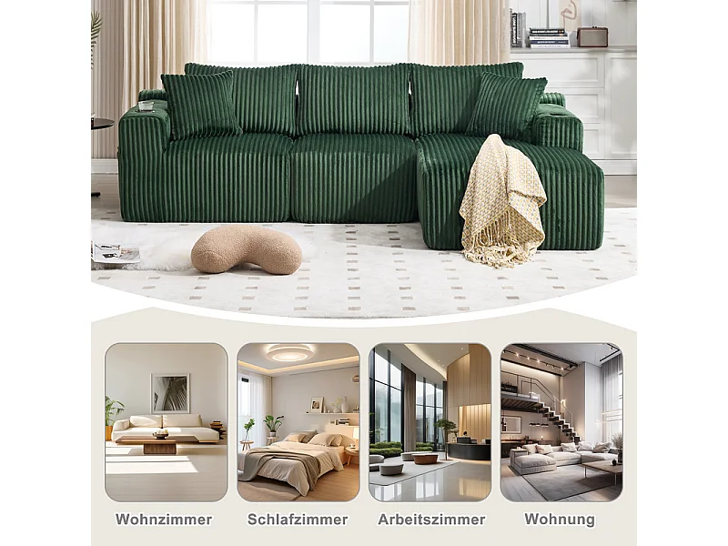 Canapé 3 places d'angle modulable, en velours côtelé, avec porte-gobelets, oreillers et poches latérales, 118cm méridienne, Vert