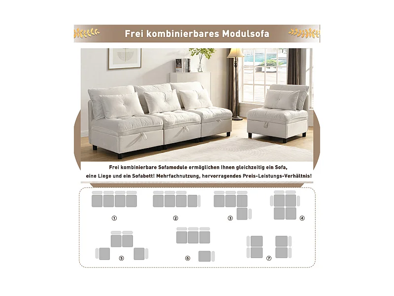 Canapé 4 places modulable en chenille - avec 8 oreillers et 4 rangement de stockage - charge max 500kg - 274x76x87cm - Beige