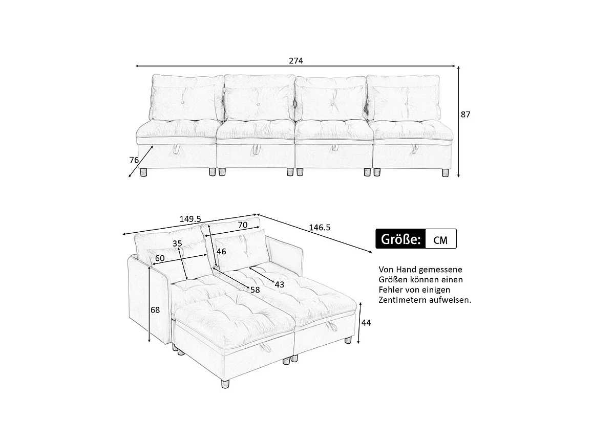 Canapé 4 places modulable en chenille - avec 8 oreillers et 4 rangement de stockage - charge max 500kg - 274x76x87cm - Beige