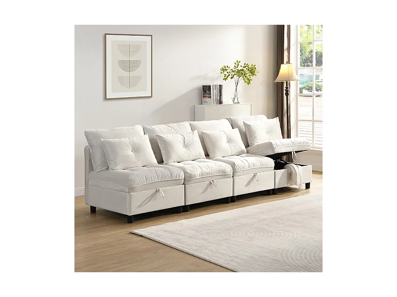 Canapé 4 places modulable en chenille - avec 8 oreillers et 4 rangement de stockage - charge max 500kg - 274x76x87cm - Beige