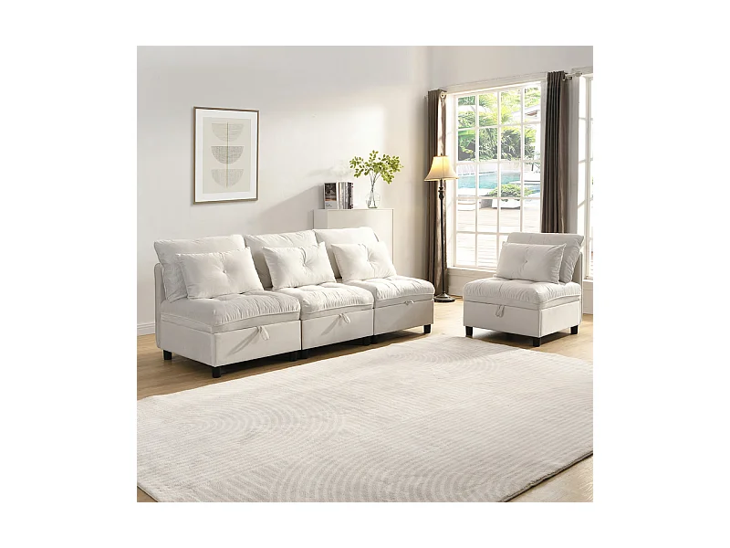 Canapé 4 places modulable en chenille - avec 8 oreillers et 4 rangement de stockage - charge max 500kg - 274x76x87cm - Beige