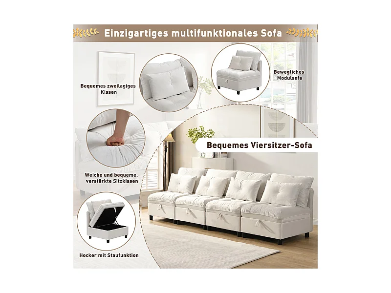 Canapé 4 places modulable en chenille - avec 8 oreillers et 4 rangement de stockage - charge max 500kg - 274x76x87cm - Beige
