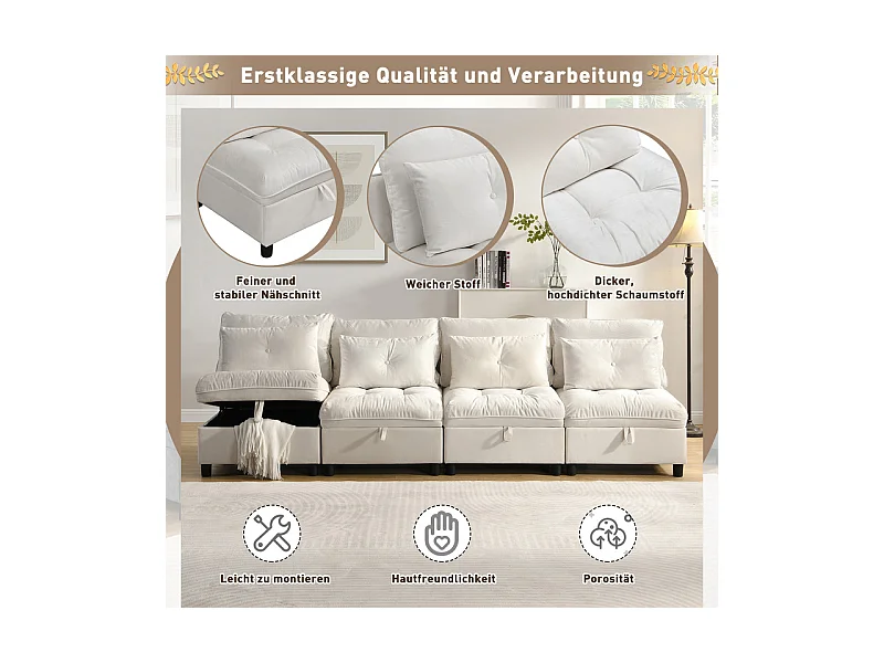 Canapé 4 places modulable en chenille - avec 8 oreillers et 4 rangement de stockage - charge max 500kg - 274x76x87cm - Beige