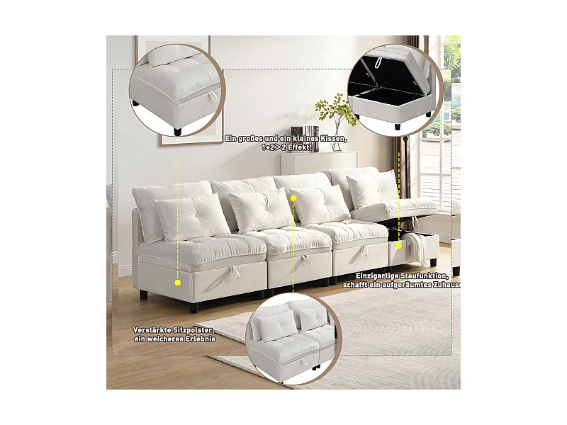 Canapé 4 places modulable en chenille - avec 8 oreillers et 4 rangement de stockage - charge max 500kg - 274x76x87cm - Beige