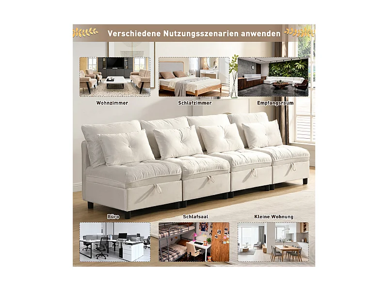 Canapé 4 places modulable en chenille - avec 8 oreillers et 4 rangement de stockage - charge max 500kg - 274x76x87cm - Beige