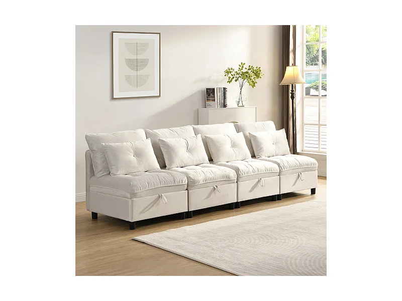 Modulare Couch 4-sitzer in Chenille - mit 8 Kissen und 4 Staufächern - Max. Belastung 500kg - 274x76x87cm - Beige