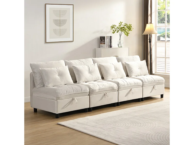 Sofá Modular 4 Plazas en Chenilla - con 8 Cojines y 4 Almacenamientos - Carga Máx. 500kg - 274x76x87cm - Beige