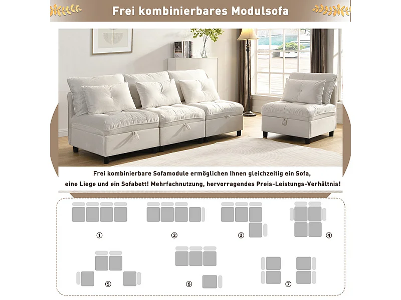 Sofá Modular 4 Plazas en Chenilla - con 8 Cojines y 4 Almacenamientos - Carga Máx. 500kg - 274x76x87cm - Beige