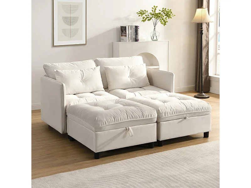 Sofá Modular 4 Plazas en Chenilla - con 8 Cojines y 4 Almacenamientos - Carga Máx. 500kg - 274x76x87cm - Beige