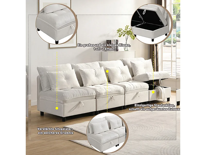 Sofá Modular 4 Plazas en Chenilla - con 8 Cojines y 4 Almacenamientos - Carga Máx. 500kg - 274x76x87cm - Beige