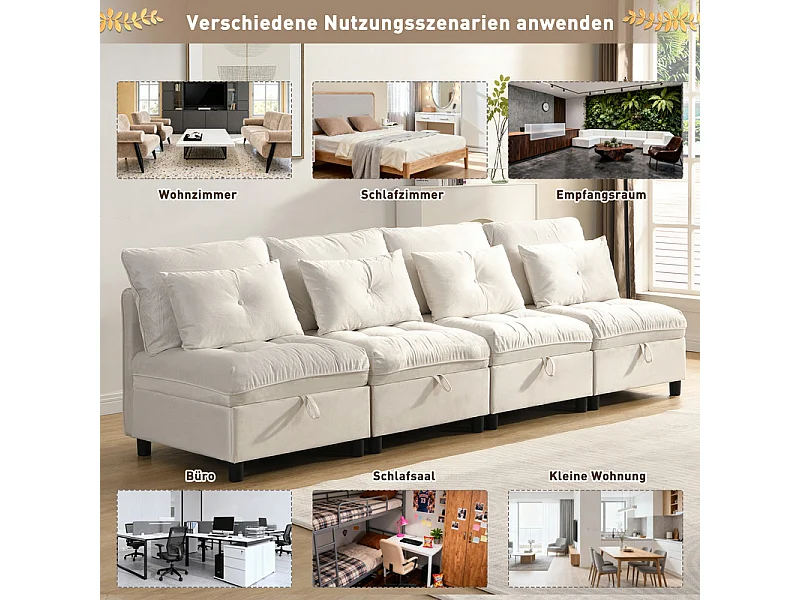 Sofá Modular 4 Plazas en Chenilla - con 8 Cojines y 4 Almacenamientos - Carga Máx. 500kg - 274x76x87cm - Beige