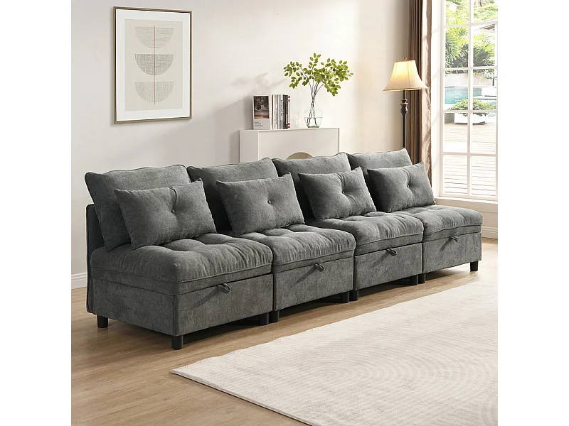 Sofá Modular 4 Plazas en Chenilla - con 8 Cojines y 4 Almacenamientos - Carga Máx. 500kg - 274x76x87cm - Gris