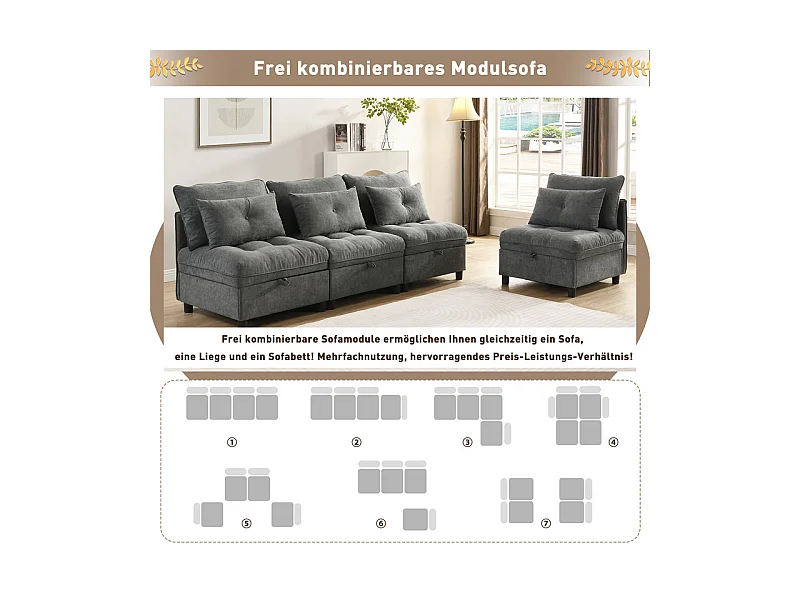 Canapé 4 places modulable en chenille - avec 8 oreillers et 4 rangement de stockage - charge max 500kg - 274x76x87cm - Gris