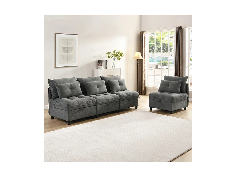 Canapé 4 places modulable en chenille - avec 8 oreillers et 4 rangement de stockage - charge max 500kg - 274x76x87cm - Gris